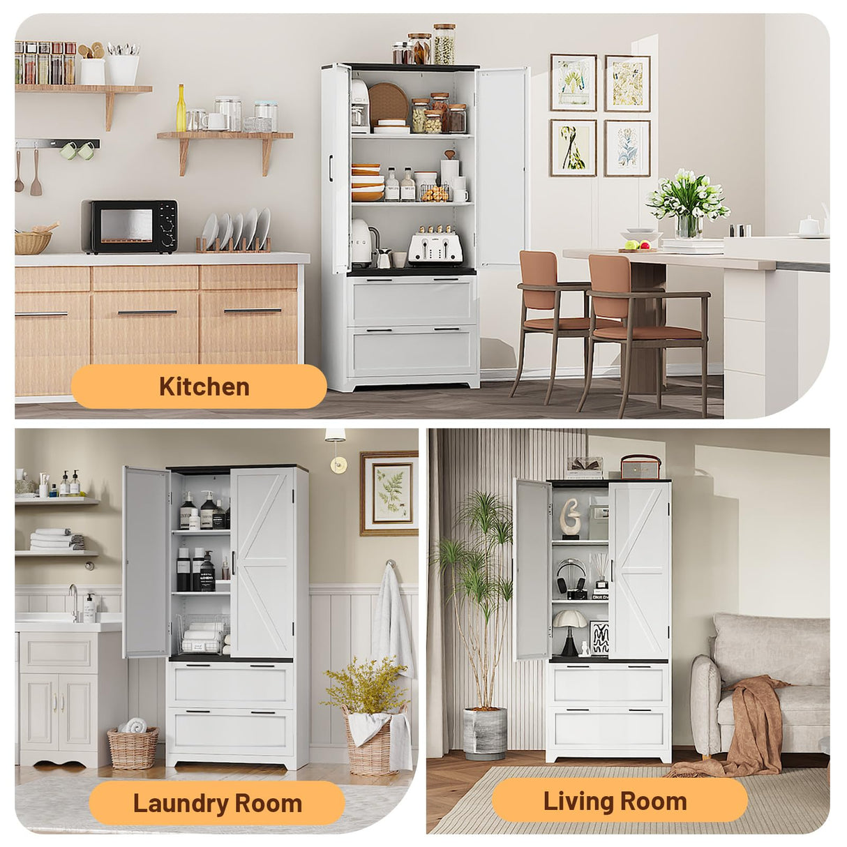 Eltean 71" Kitchen Pantry Storage Cabinet,Farmhouse Storage Cabinet with 2 Adjustable Shelves and 2 Drawers,Barn Doors Metal Storage Cabinets for Kitchen,Dining Room,Living Room Eltean