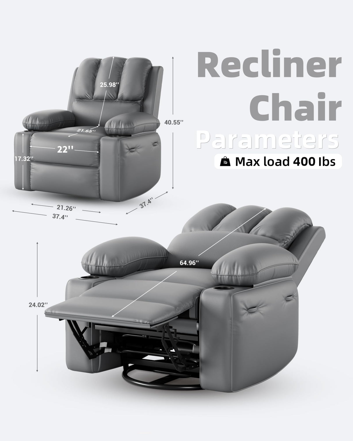 Manual Recliner Chair Sofa, Oversized PU Leather Recliner, Comfy Armchair for Living Room or Bedroom, Grey Reclining Chair, Leather Recliner Chair for Adults, Gaming Sofa Chair GarveeLife