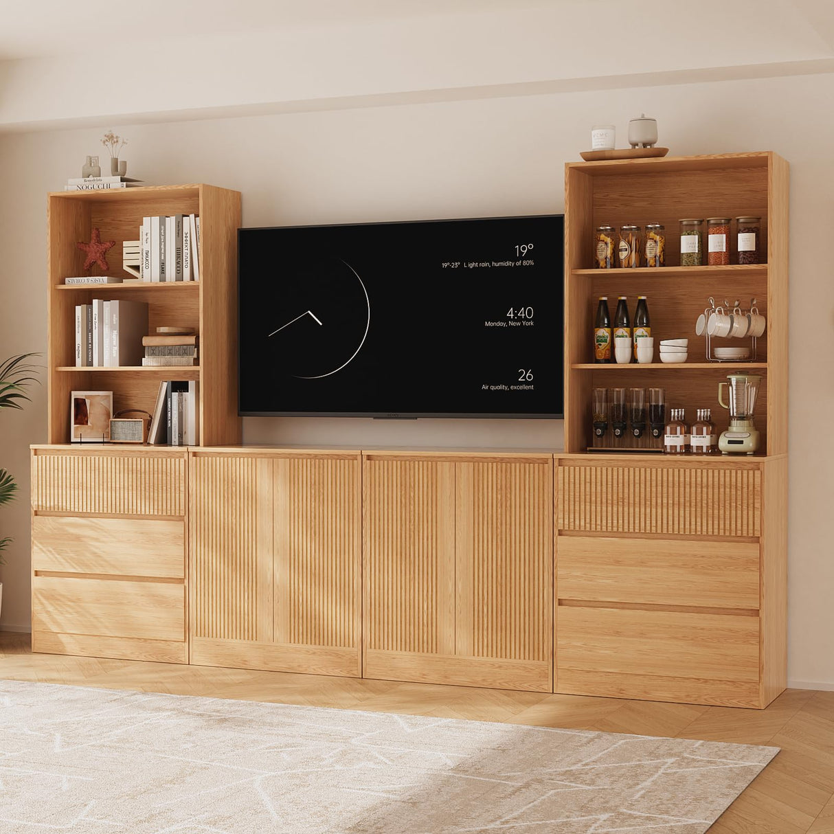 TUSY 4-Piece Large TV Stand with Bookshelves for TVs up to 75", TV Hutch with Tempered Glass Doors and Shelves, TV Entertainment Center Media Center with 2 Tall Cabinets for Living Room (B+2G+B) TUSY