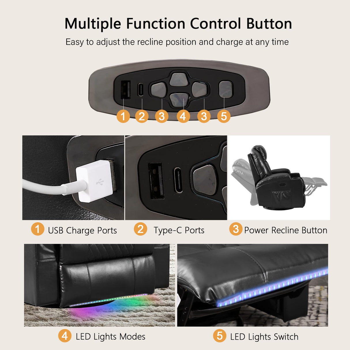 IBTKIG Power Swivel Rocker Recliner Chair with Massage and Heat/LED Lights/USB and Type-C Ports/Infinite Position/Cup Holder, Electric Glider Reclining Sofa for Nursery Living Room (2, Black) IBTKIG