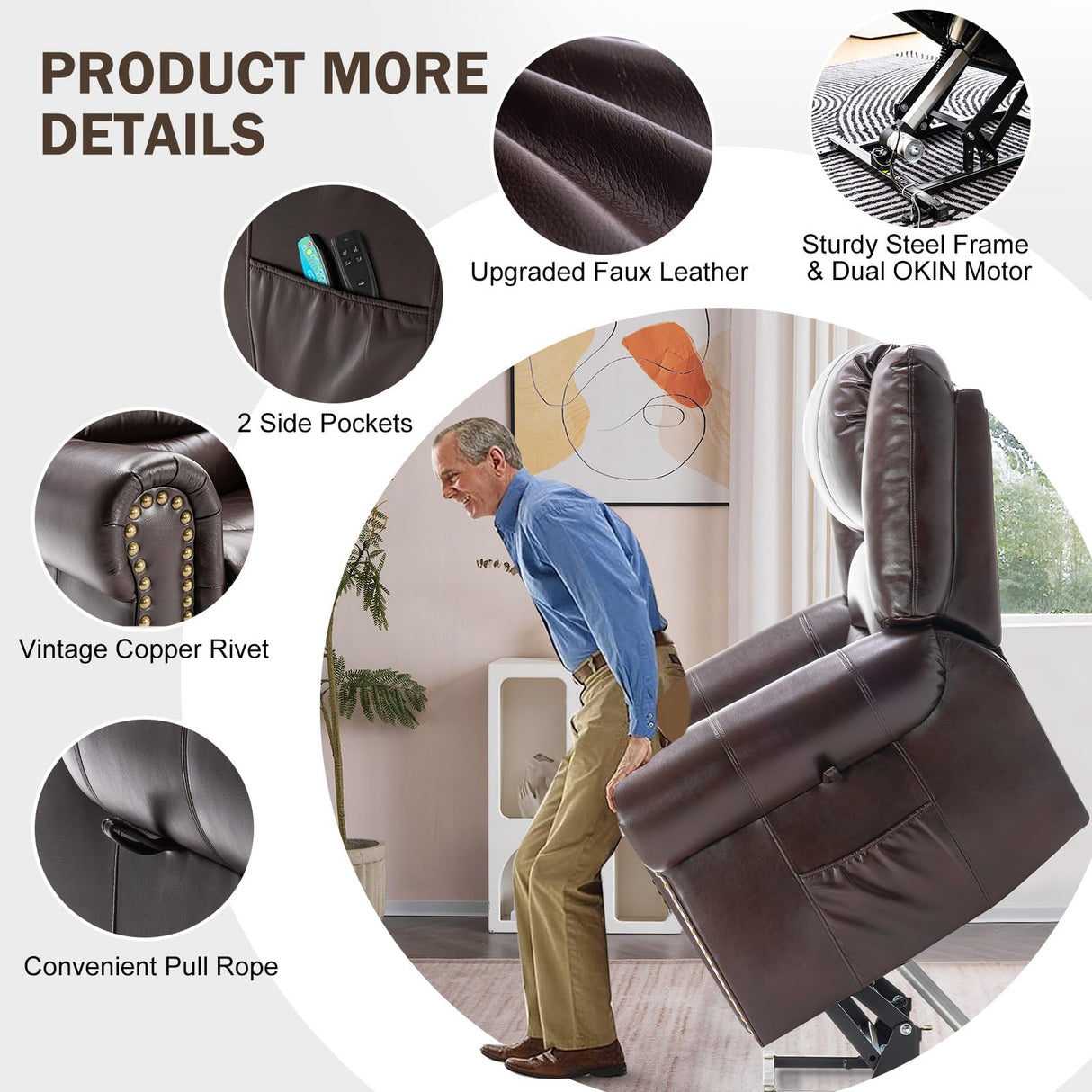 CDCASA Dual Motor Lay Flat Lift Chairs Recliners for Elderly with Massage and Heat, Breathable Leather Infinite Position Large Sleeping Electric Power Lift Chair Recliner for Seniors, Brown CDCASA