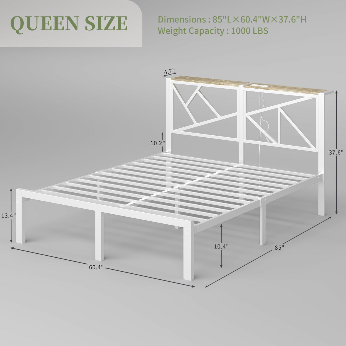 ChicZhiNest Queen White Metal Bed Frame with USB Charging Station, LED Ambient Lighting, and Wooden Storage Headboard - Includes Under-Bed Storage, No Box Spring Needed, Noise Free, Easy to Assemble ChicZhiNest