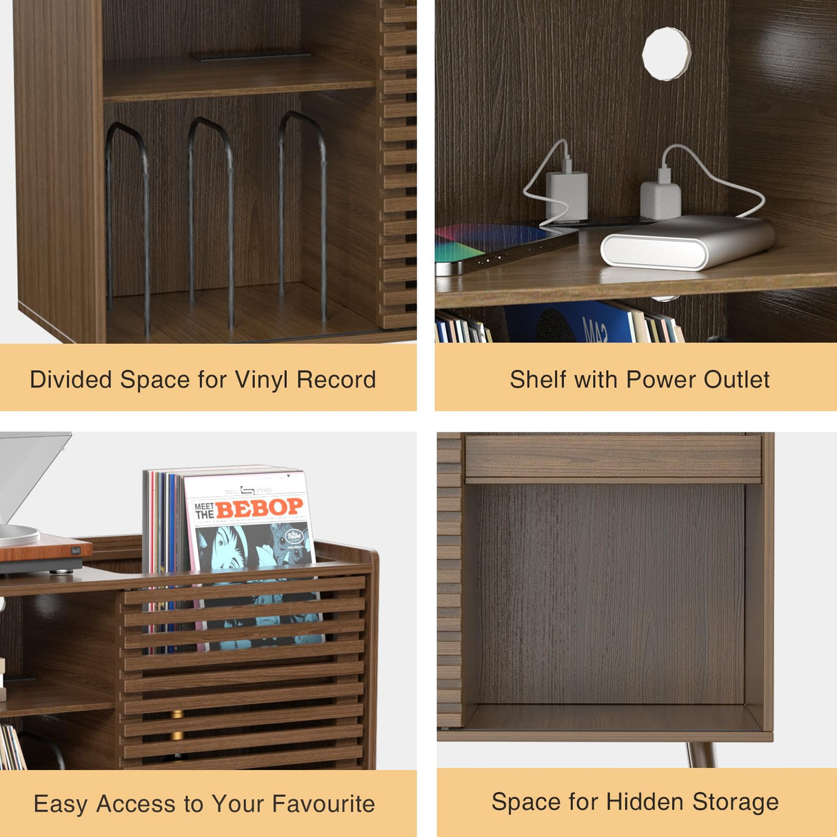 Mid Century Modern Record Player Stand with Power Outlet and Storage Cabinet, Slide Door for Bedroom and Living Room Halitaa