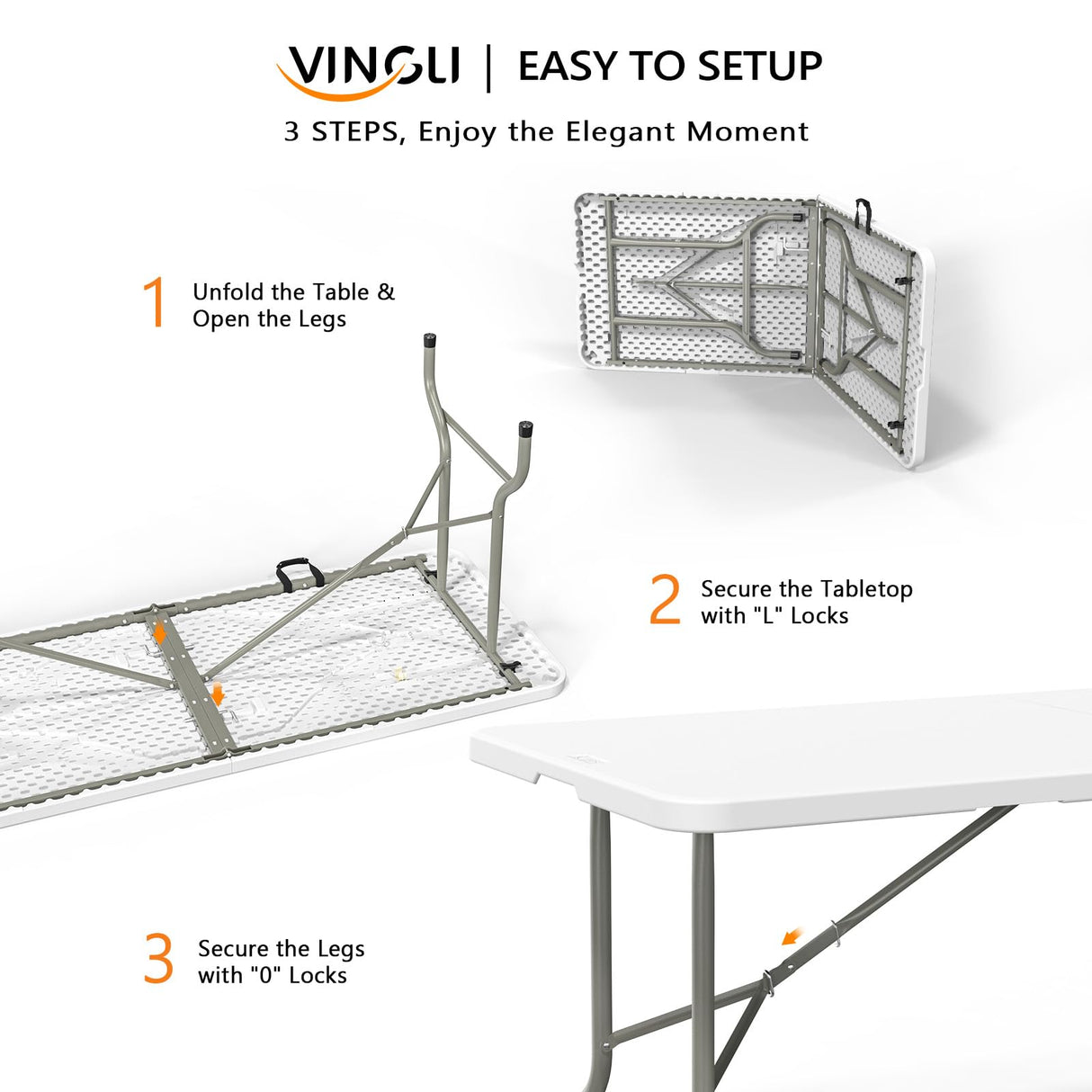 VINGLI 6 Foot Plastic Folding Table Portable Long Table for Indoor Outdoor Use Rectangular with Carrying Handle, Smooth HDPE Tabletop, White VINGLI