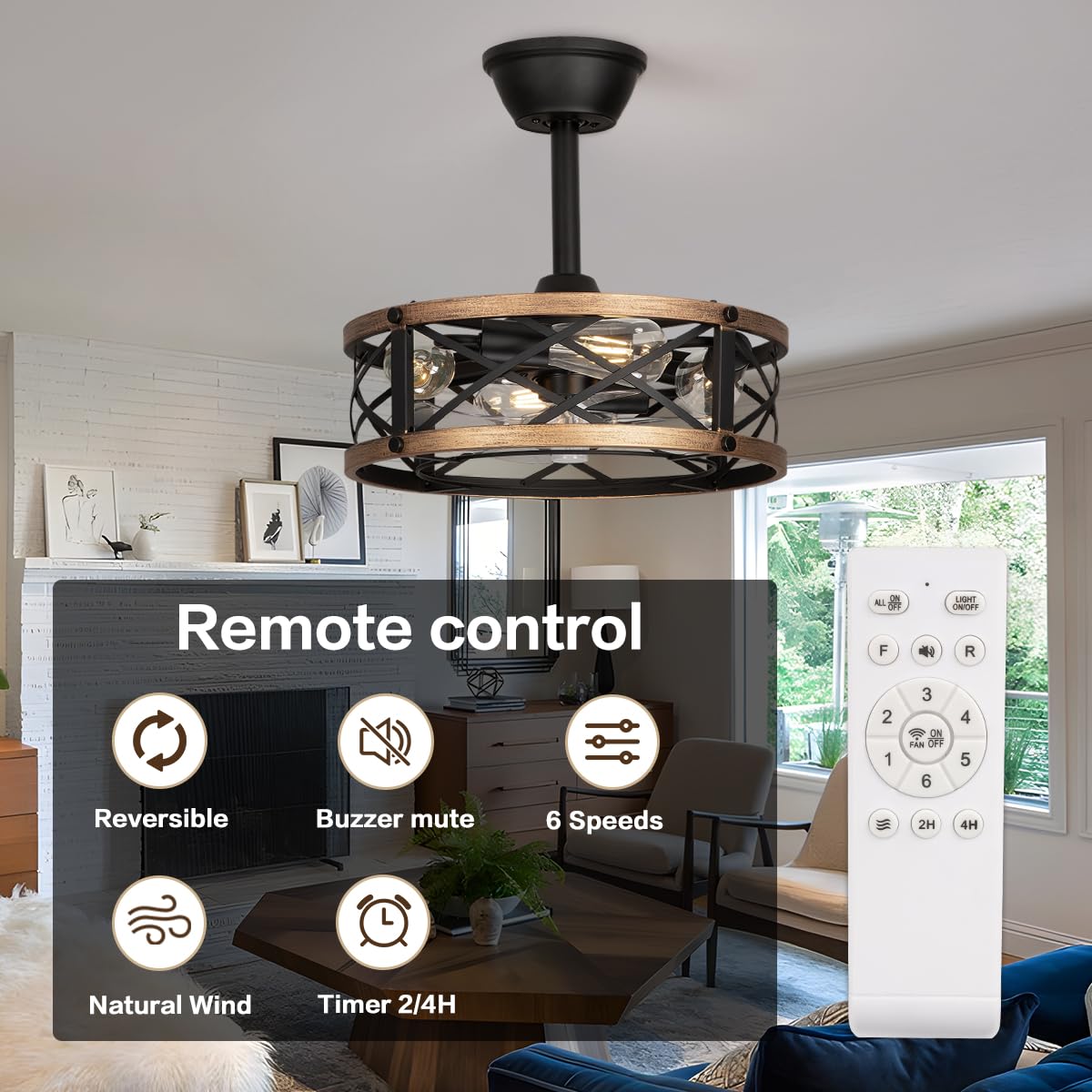 SabvioZh 16.5" Farmhouse Caged Fandelier Ceiling Fan with Light, Rustic Bladeless Small Ceiling Fans with Lights and Remote, Modern Enclosed Ceiling Fan with Light for Kitchen, Bedroom, Small Room SabvioZh