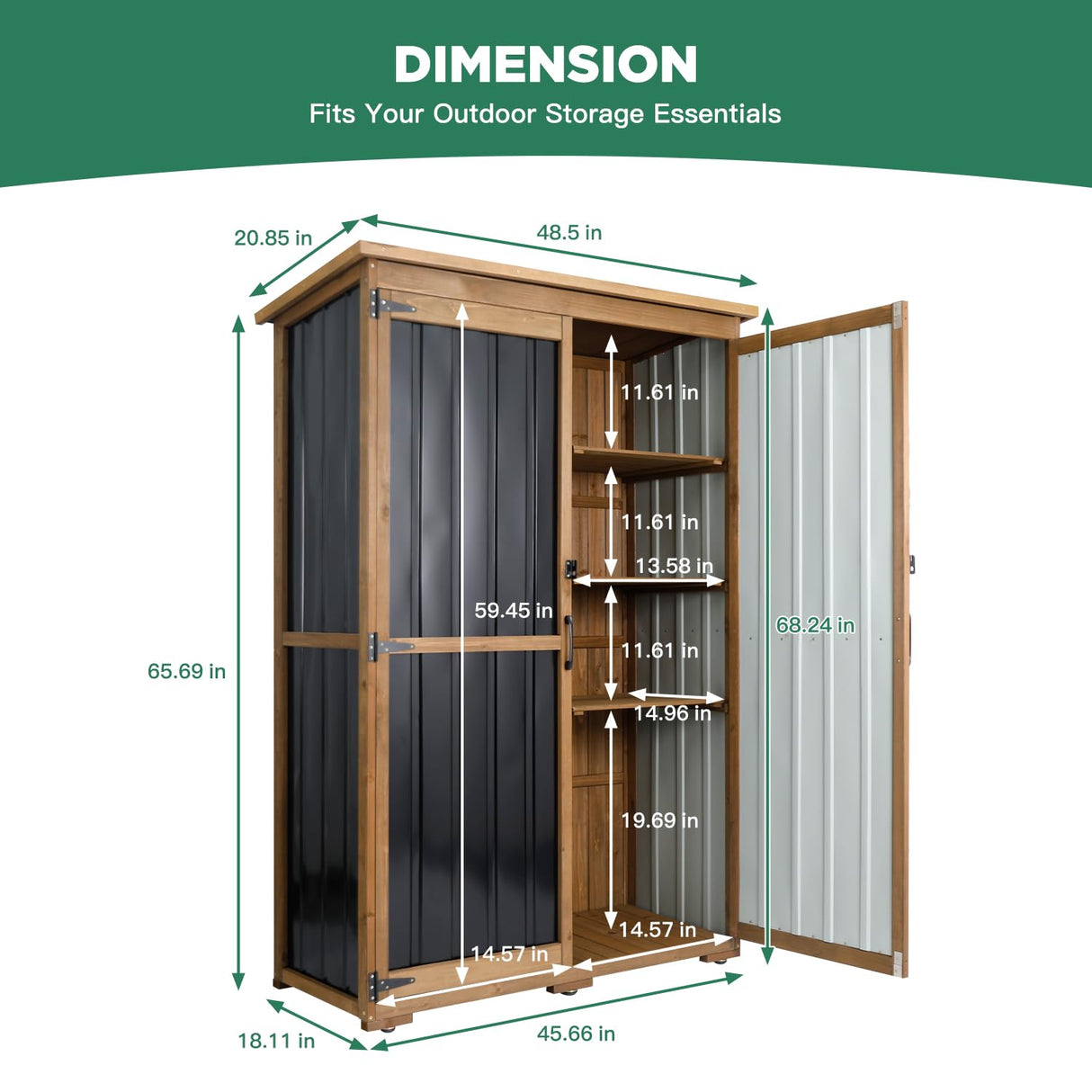 Ketive Outdoor Storage Cabinet Wood & Metal, Storage Shed Waterproof Double Lock for Anti-Theft Removable Shelves Adjustable Feet Wooden Floor for Patio, Garden, Lawn Pool Storage, 46" X 18" X 68" ketive