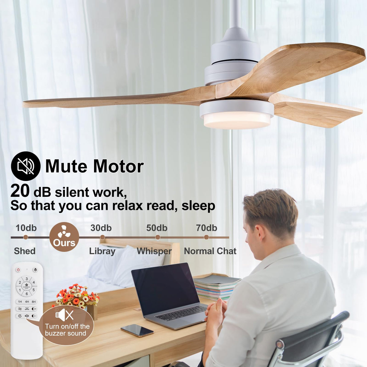 BOJUE 42 Inch White Ceiling Fans with Lights and Remote,Dimmable LED Light,Quite Reversible DC Motor,Memory Function,Modern Solid Wood Indoor Outdoor Ceiling Fan with Light for Farmhouse Bedroom Patio BOJUE
