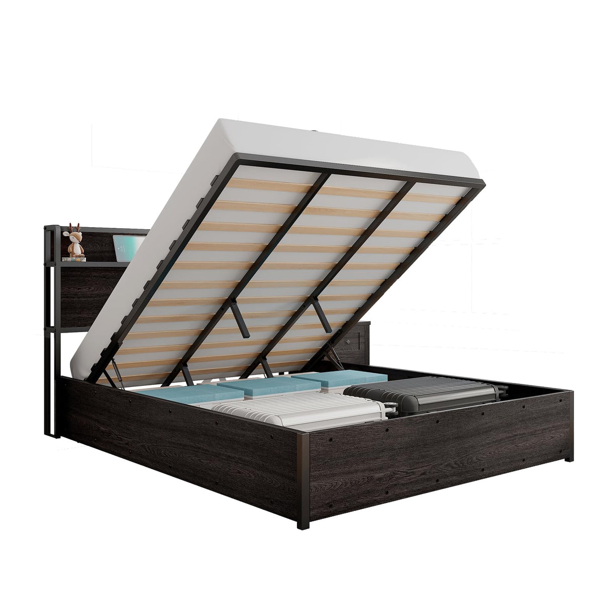 LUXOAK Queen Size Black Lift Up Storage Bed with Charging Headboard and Easy Assembly LUXOAK