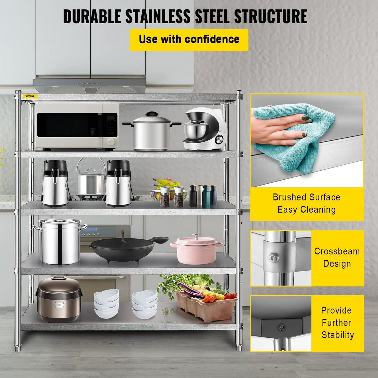 VBENLEM Stainless Steel Shelving 60x18.5 Inch 5 Tier Adjustable Shelf Storage Unit Stainless Steel Heavy Duty Shelving for Kitchen Commercial Office VBENLEM