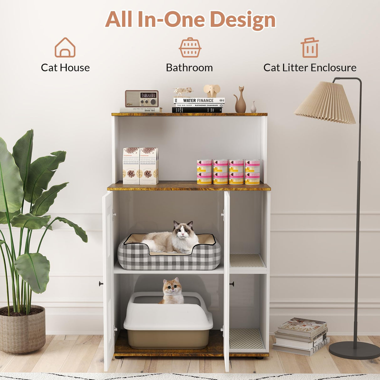 Rovibek Cat Litter Box Enclosure for 2 Cats, Litter Boxes Furniture Hidden with Storage, Cat Litter Cabinet with Scratch Mat, Fit Most of Litter Box, White Rovibek