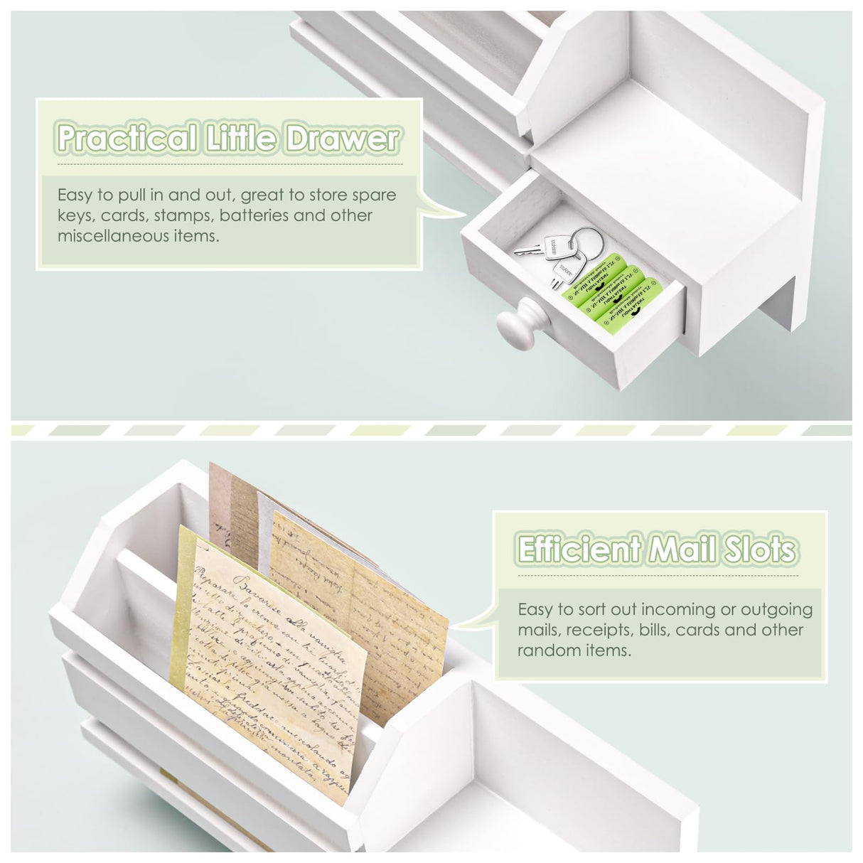 VIS'V Key Holder for Wall, Wooden Key Mail Holder with Drawer Wall Mount Key Organizer Mail Sorter with 6 Key Hooks Key Rack with Shelf for Entryway Doorway Hallway - White VIS'V