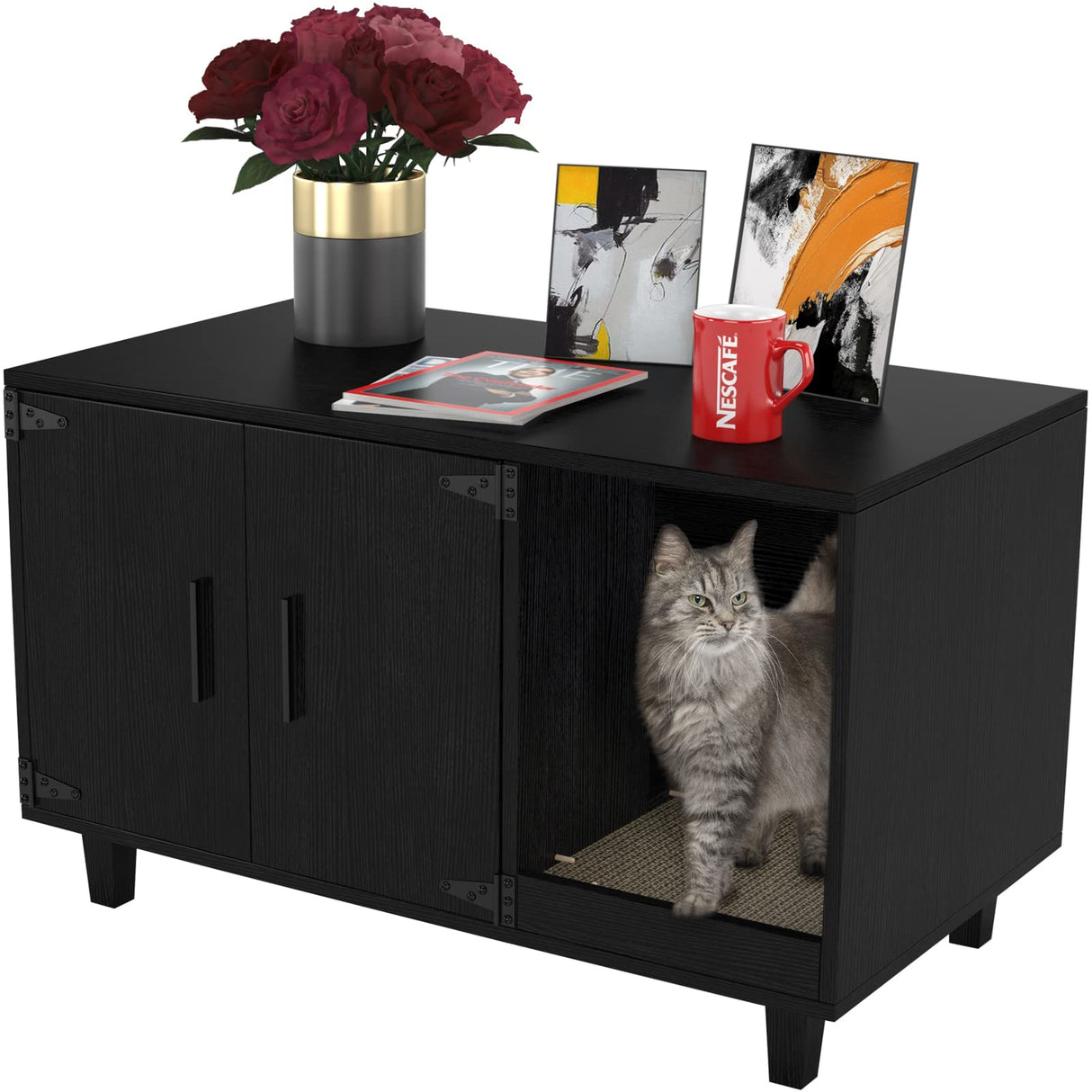 GDLF Modern Wood Pet Crate Cat Washroom Hidden Litter Box Enclosure Furniture House as Table Nightstand with Scratch Pad,Stackable (Black) GDLF