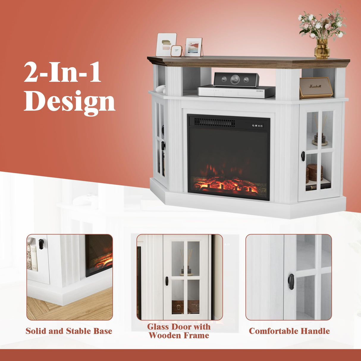 Furmax Fireplace Corner TV Stand for TV Up to 55 Inch, Modern TV Console with 18 Inch Electric Fireplace, Entertainment Center with Open Shelf and Storage Cabinets for Living Room, Antique White Furmax