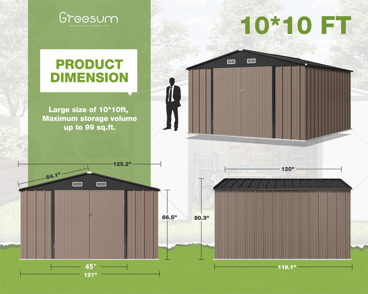 Greesum Metal Outdoor Storage Shed 10FT x 10FT, Steel Utility Tool Shed Storage House with Door & Lock, Metal Sheds Outdoor Storage for Backyard Garden Patio Lawn (10' x 10'), Brown Greesum