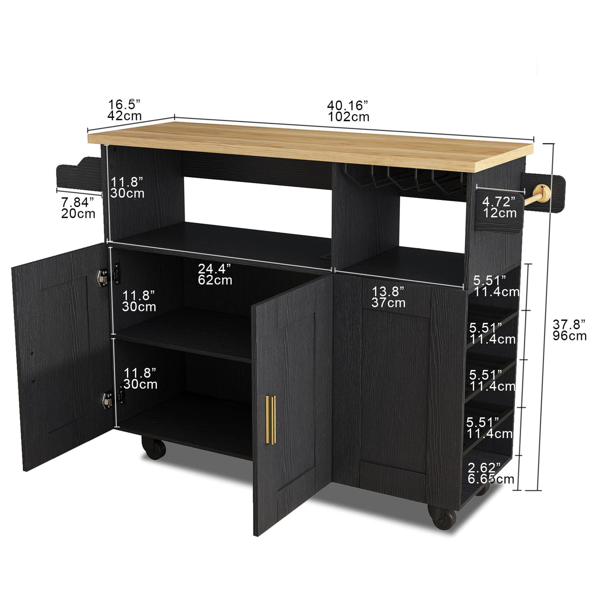 ASTRONAPE Rolling Mobile Kitchen Island Cart Bar, Island Table Storage with 5 Wheels, Rolling Kitchen Cabinet with Power Socket and Towel Rack (Black, Without Counter Top) ASTRONAPE