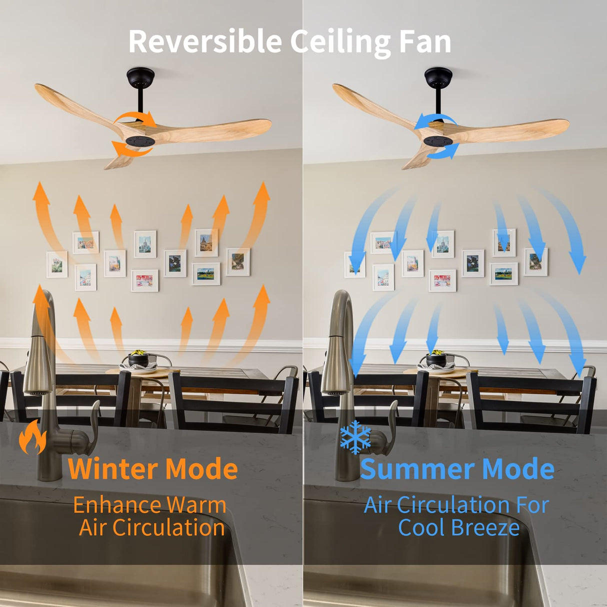 FOBLKS 52" Indoor/Outdoor Wooden Ceiling Fan, 3 Blade DC Ceiling Fan with Remote Control, 2 Downrods, Reversible DC Motor 22W Quiet Energy Saving FOBLKS