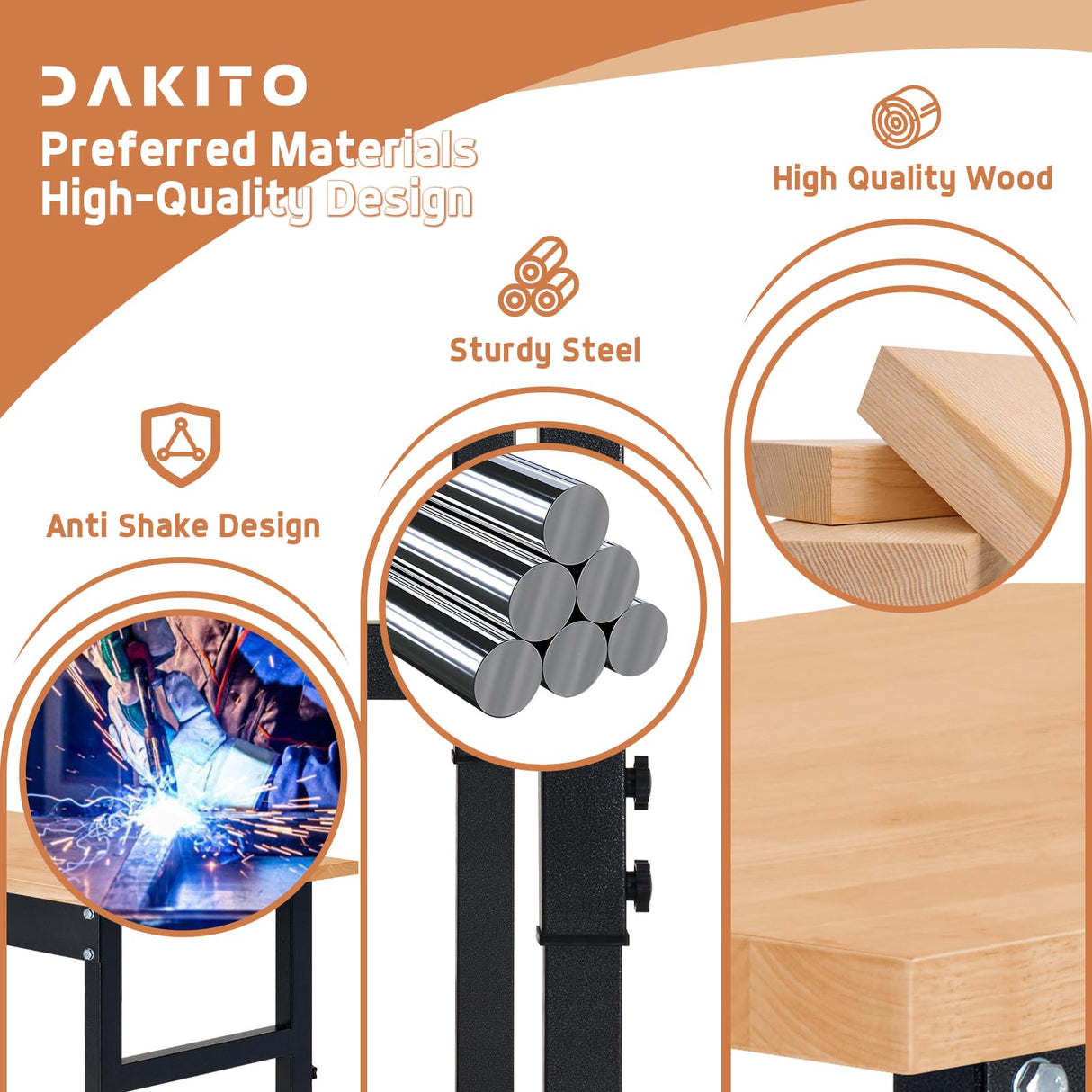 DAKITO 48" Heavy-Duty Workbench Adjustable Work Bench Work Table 2000 LB Load Capacity w/Hardwood Top, Power Outlets, Foot Pads and Metal Frame for Garage, Workshop, Office, Home, Workstation DAKITO