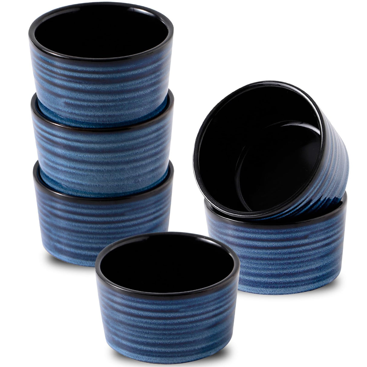 Tikooere Ceramic Ramekins 6 oz, Oven Safe Souffle Dish Set of 6 for Baking, Porcelain Dipping Sauce Bowls for Creme Brulee,Stackable Custard Cups for Pudding, Ice Cream, Lava Cakes, Blue Tikooere