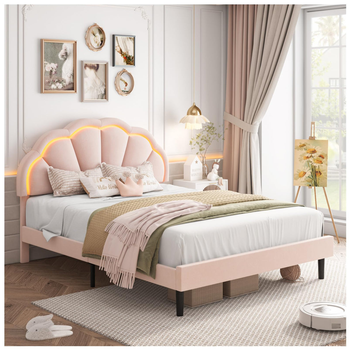 HIFIT Full Upholstered Smart LED Bed Frame with Adjustable Chic Petal Headboard, Princess Full Size Platform Bed Frames for Kids/Girls, Wooden Slats Support, No Box Spring Needed, Easy Assembly, Pink HIFIT