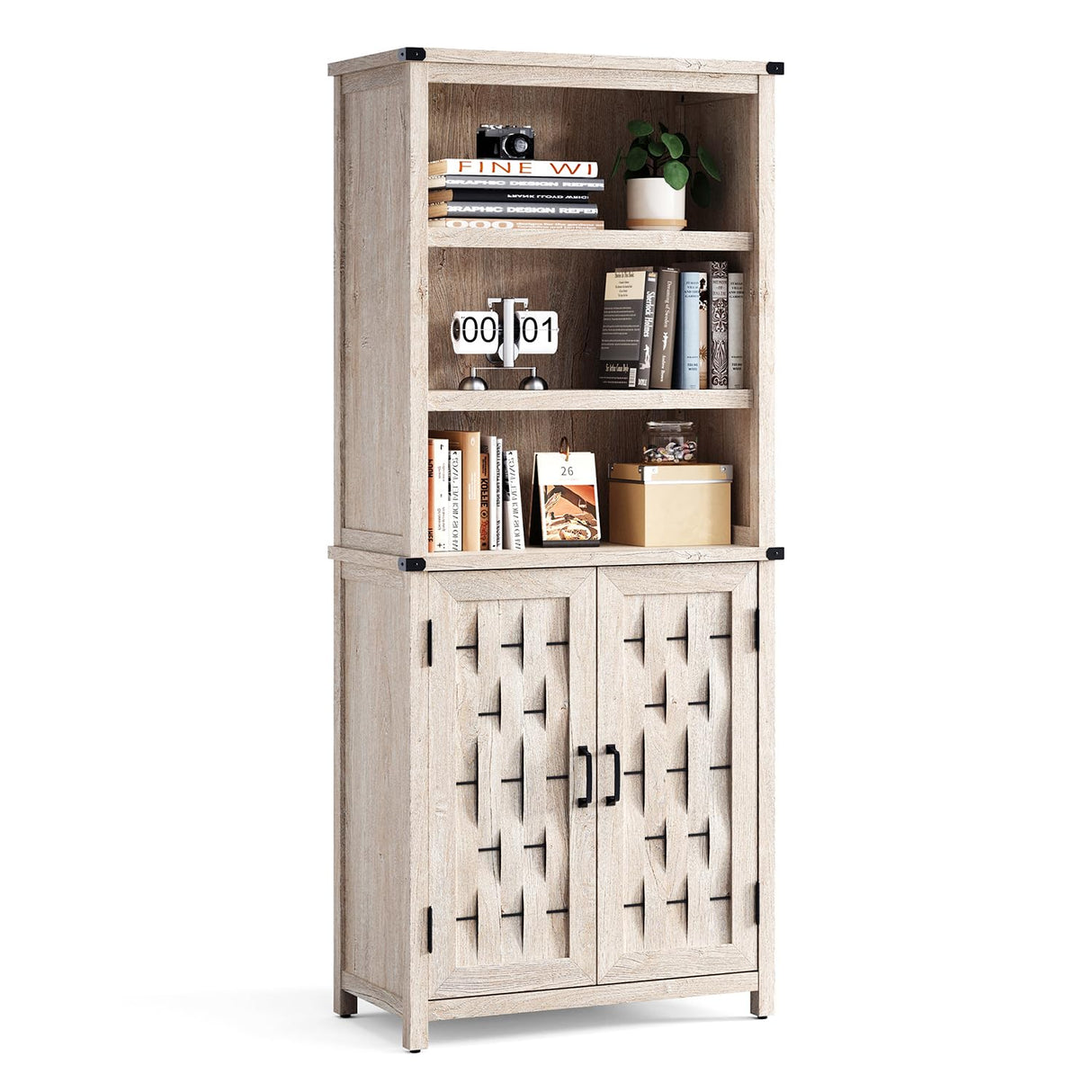 LINSY HOME Farmhouse Bookcases with Doors, Floor Standing 6-Shelf Display Storage Shelves, 72 in Tall Bookshelves for Home Office, Living Room, Light Gray LINSY HOME