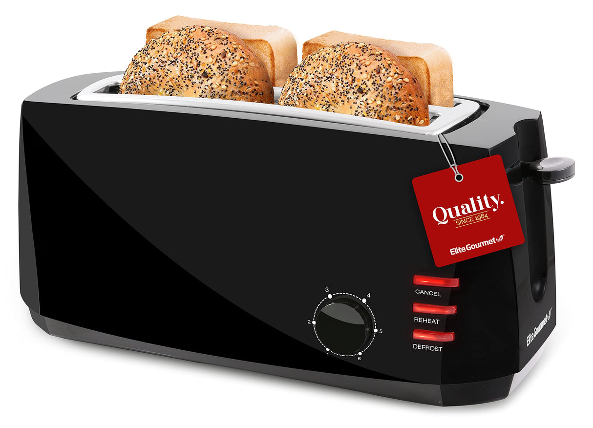 Elite Gourmet ECT4829B# Long Slot 4 Slice Toaster, Reheat 6 Toast Settings, Defrost, Cancel Functions, Built-in Warming Rack, Extra Wide Slots for Bagels Waffles, Black Elite Gourmet