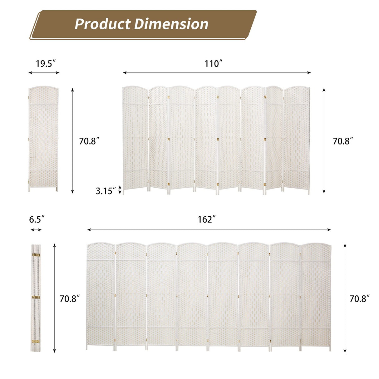 Duraspace 8 Panels Room Divider 6 FT Tall Weave Fiber Privacy Screen Freestanding Double Hinged Folding Screen Extra Wide Room Dividers for Patio Privacy (Off White) DURASPACE