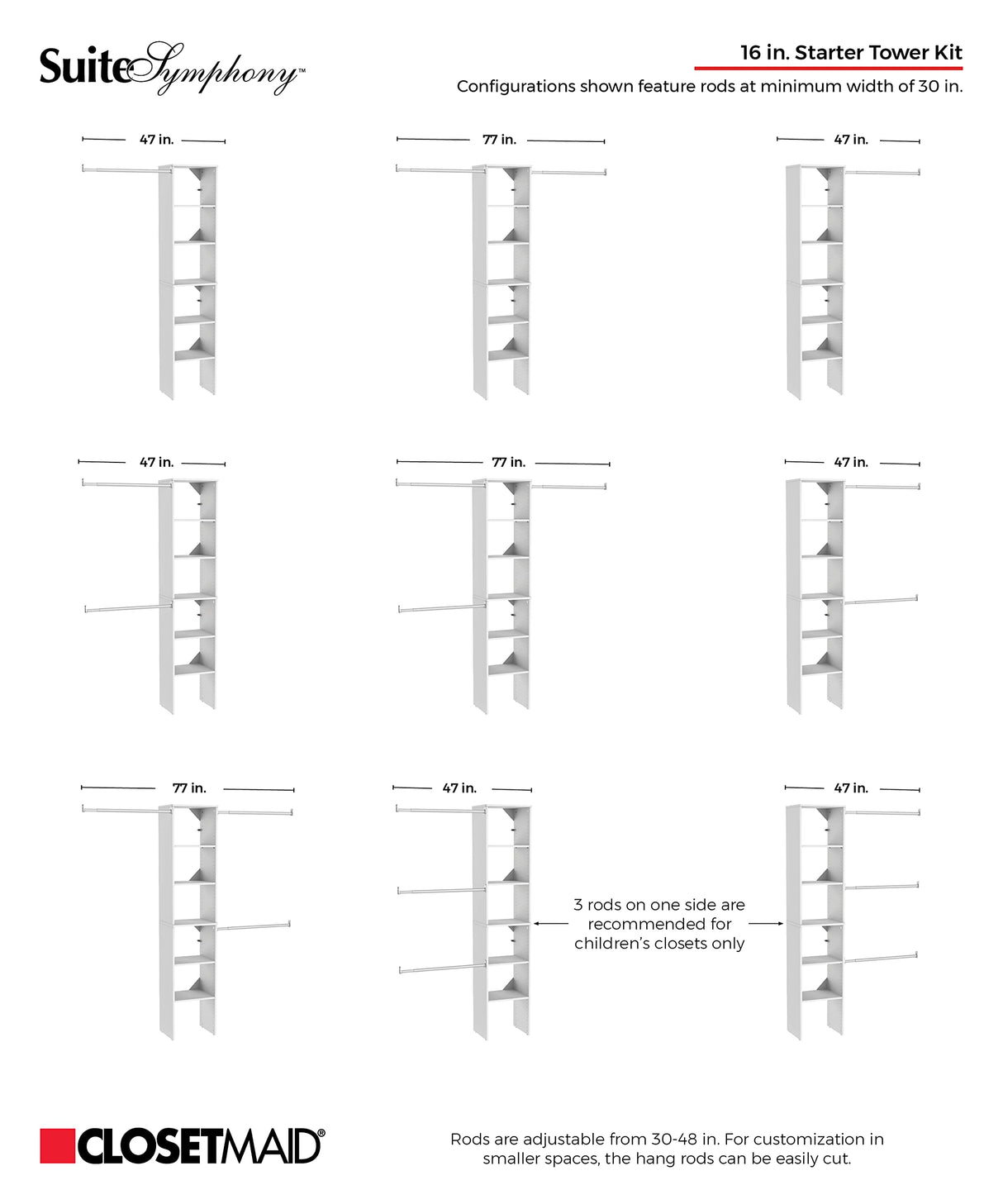 ClosetMaid SuiteSymphony Wood Closet Organizer Starter Kit with Tower and 3 Hang Rods, Shelves, Adjustable, Fits Spaces 4 – 9 ft. Wide, Engineered Wood, Pure White, 16" ClosetMaid