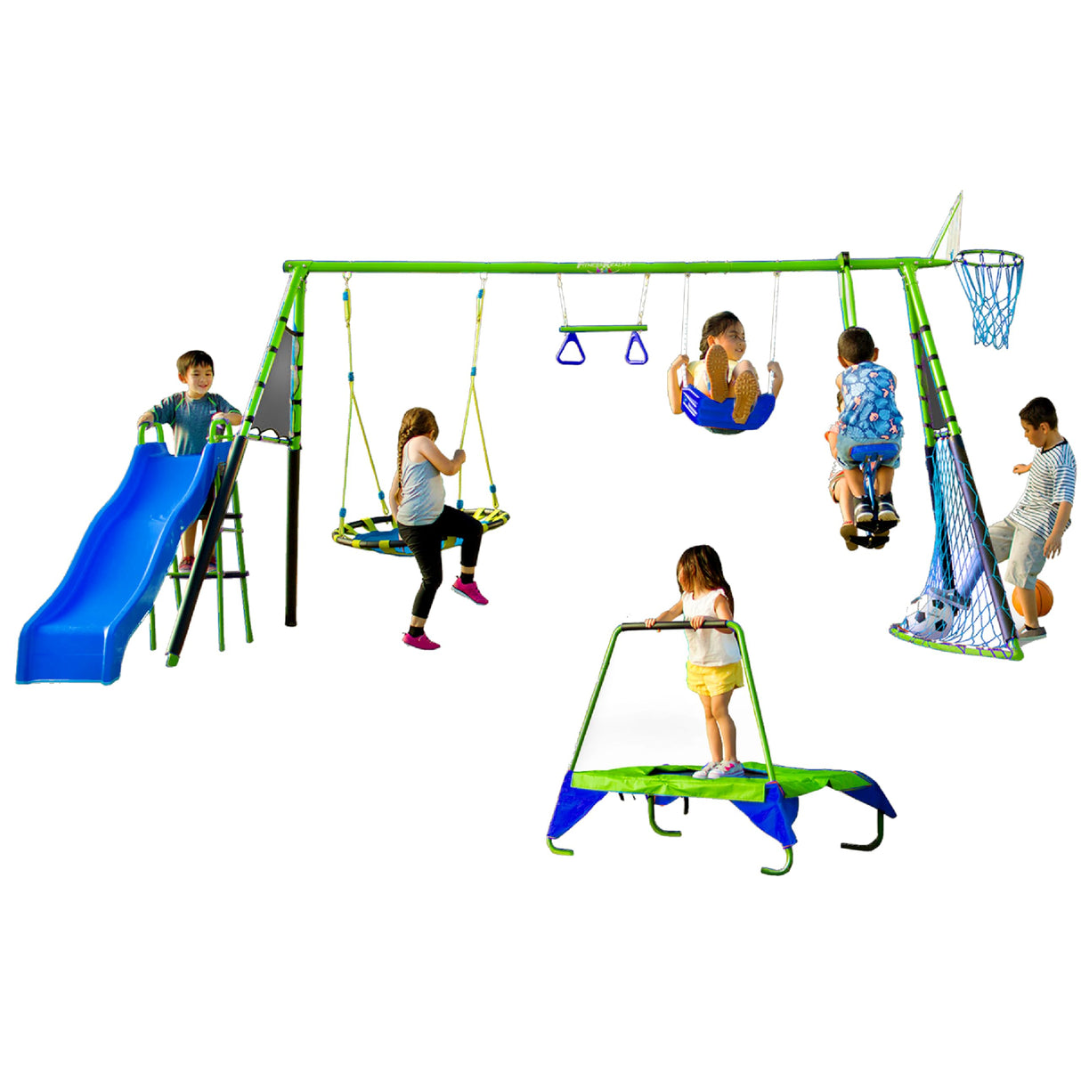 FITNESS REALITY KIDS Sports Outdoor 8 Station Playground Set, Includes Swing Set, Slide, Monkey Bars, Basketball Hoop, Trampoline, Soccer and Basketball + Pump, Green FITNESS REALITY KIDS
