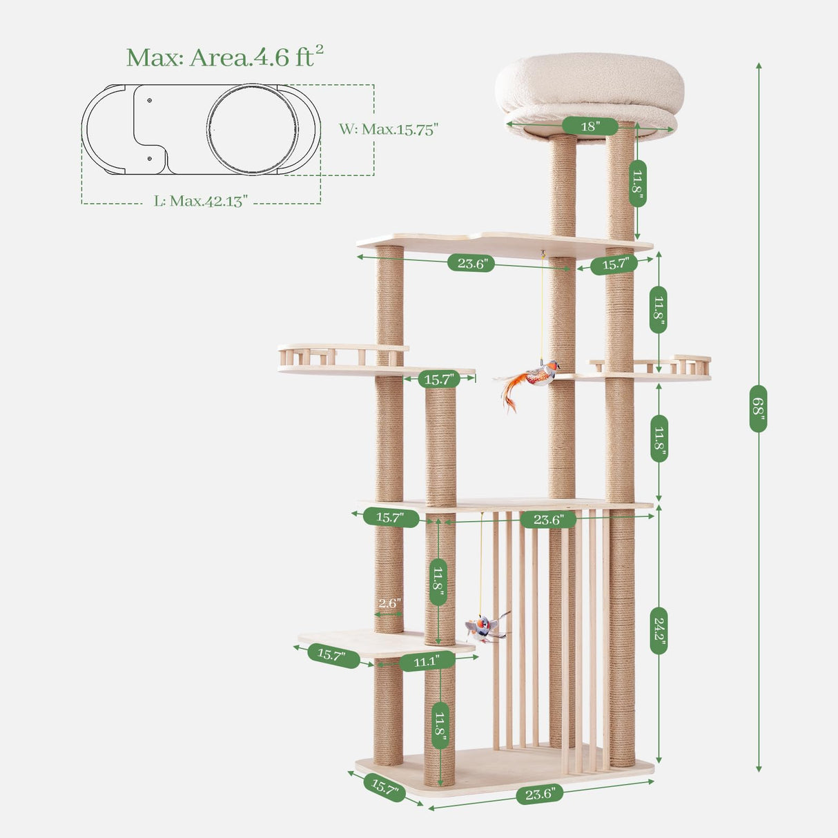 Choc chick Wood Cat Tree for Indoor Cats Large Adult, 68 Inches Tall Multi Level Cat Tower with Scratching Post Sisal-Covered, Modern Cat Tree Plush Cattery Chirping Bird Cat Toy Choc chick
