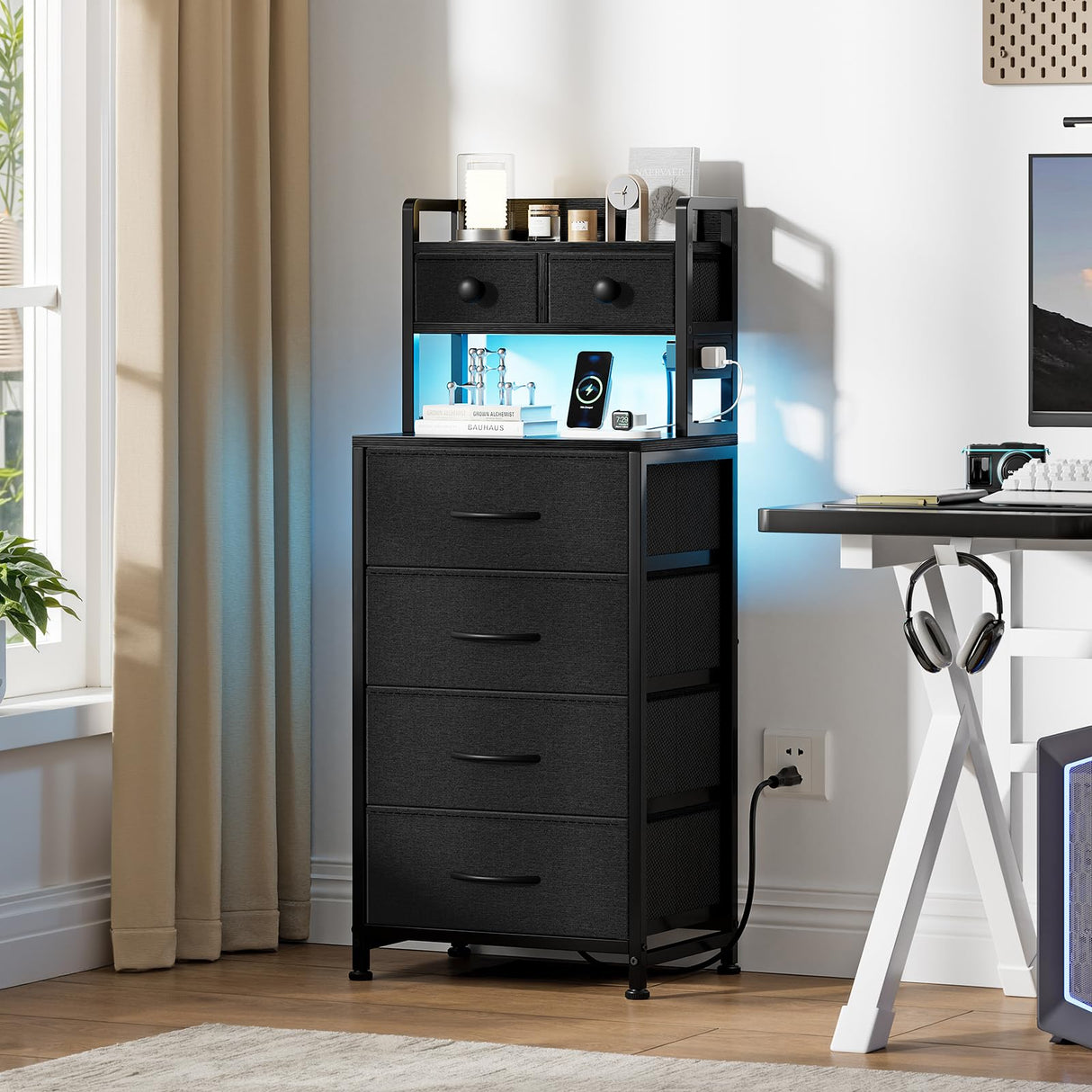 REAHOME 41 Inch Tall Nightstand with Charging Station, LED Night Stand with 6 Fabric Drawers, Bed Side Table with 3-Tier Wood Storage Shelves for Bedroom, Office, Small Spaces, Dark Gray REAHOME