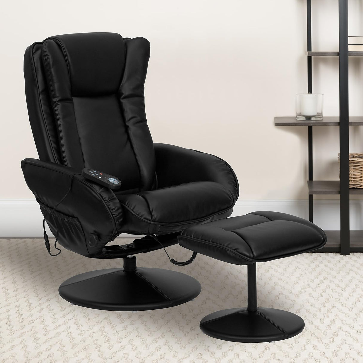 Flash Furniture Poppy Massaging Multi-Position Plush Recliner with Side Pocket and Ottoman in Black LeatherSoft Flash Furniture