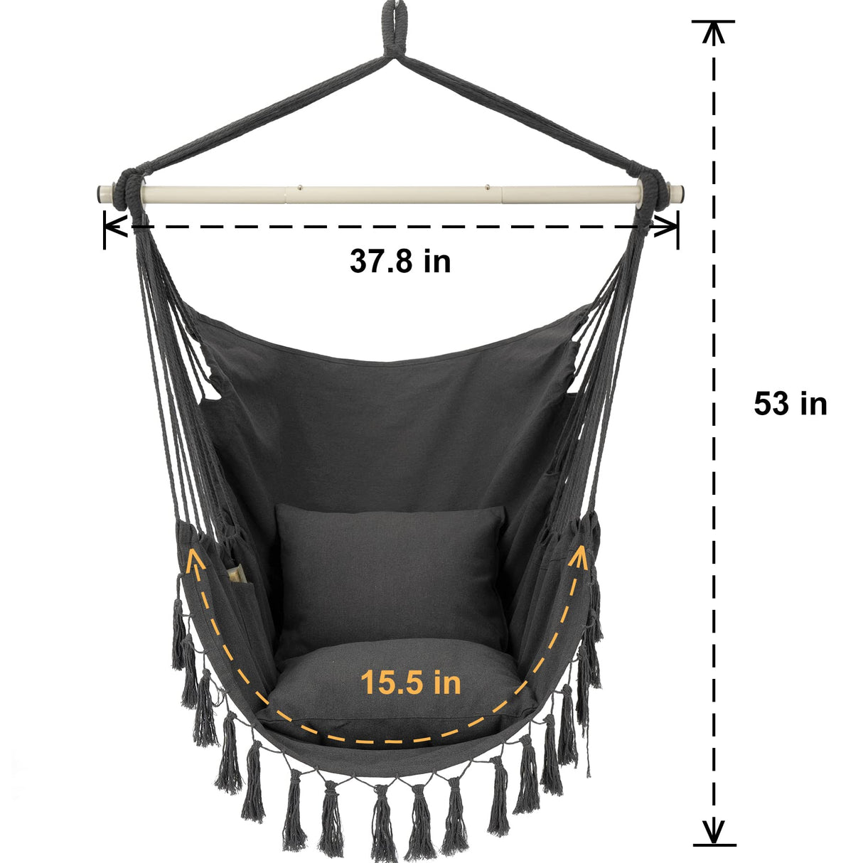 Y- STOP Hammock Chair Hanging Rope Swing, Max 500 Lbs, 2 Cushions Included, Large Macrame Hanging Chair with Pocket, Cotton Weave for Superior Comfort, Durability (Dark Grey) Y- STOP