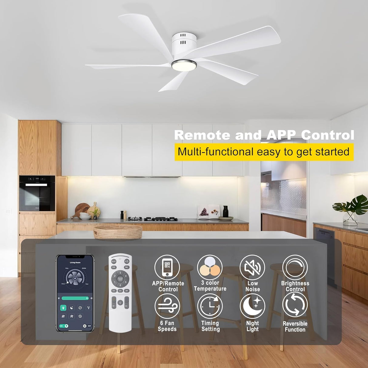 Ohniyou 52” Flush Mount Ceiling Fan with Lights, Remote & APP Control Low Profile Indoor Outdoor Ceiling Fans, Dimmable, Quiet DC Motor, Reversible, White Ohniyou