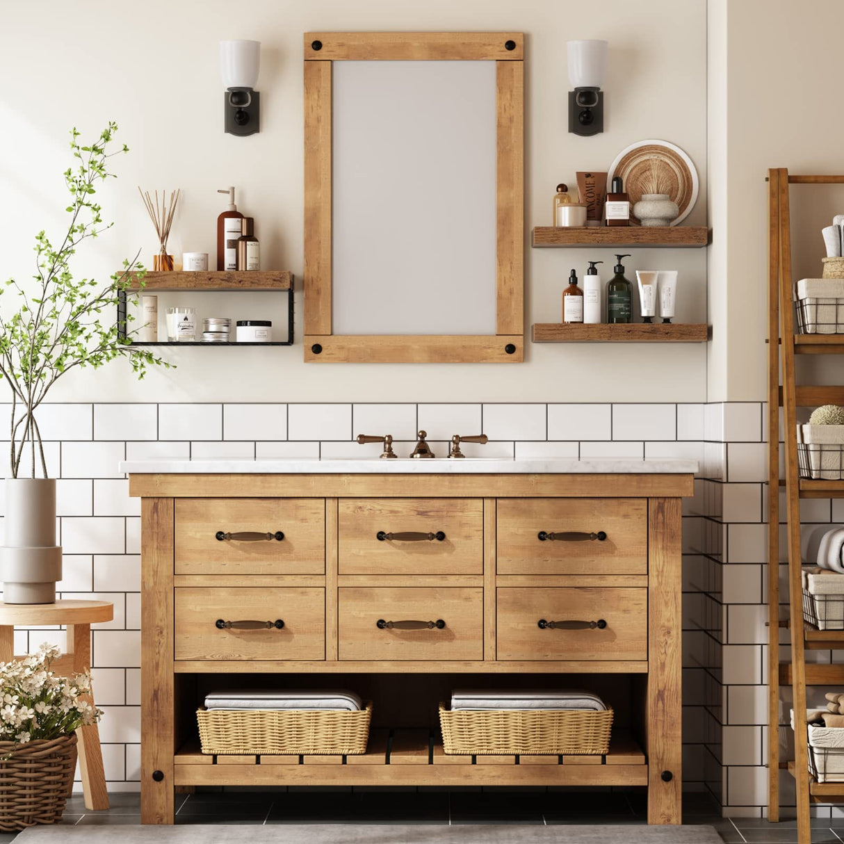 QEEIG Bathroom Shelves Over Toilet Wall Mounted Floating Shelves Farmhouse Shelf Toilet Paper Holder Small 16 inch Set of 3, Rustic Brown (019-BN3) QEEIG