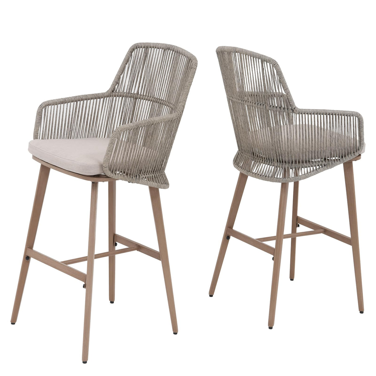 Patiorama Outdoor Bar Stools Set of 4, 46" Counter Height Bar Stools Chair w/Arm and Woven Rope Back, Rattan Bar Stool, Patio Metal Modern Wicker Bar Chairs for Kitchen Island,Pool, Wood Grain Finish Patiorama