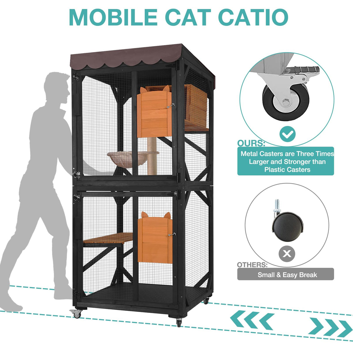 Catio Outdoor Cat Enclosure,Cat House with Wheels,Upgraded cat Scratching Post,Resting Box,Waterproof Roof for Patio Garden (Black, 31.5" L x 31.5" W x 70.9" H) Suumerpety