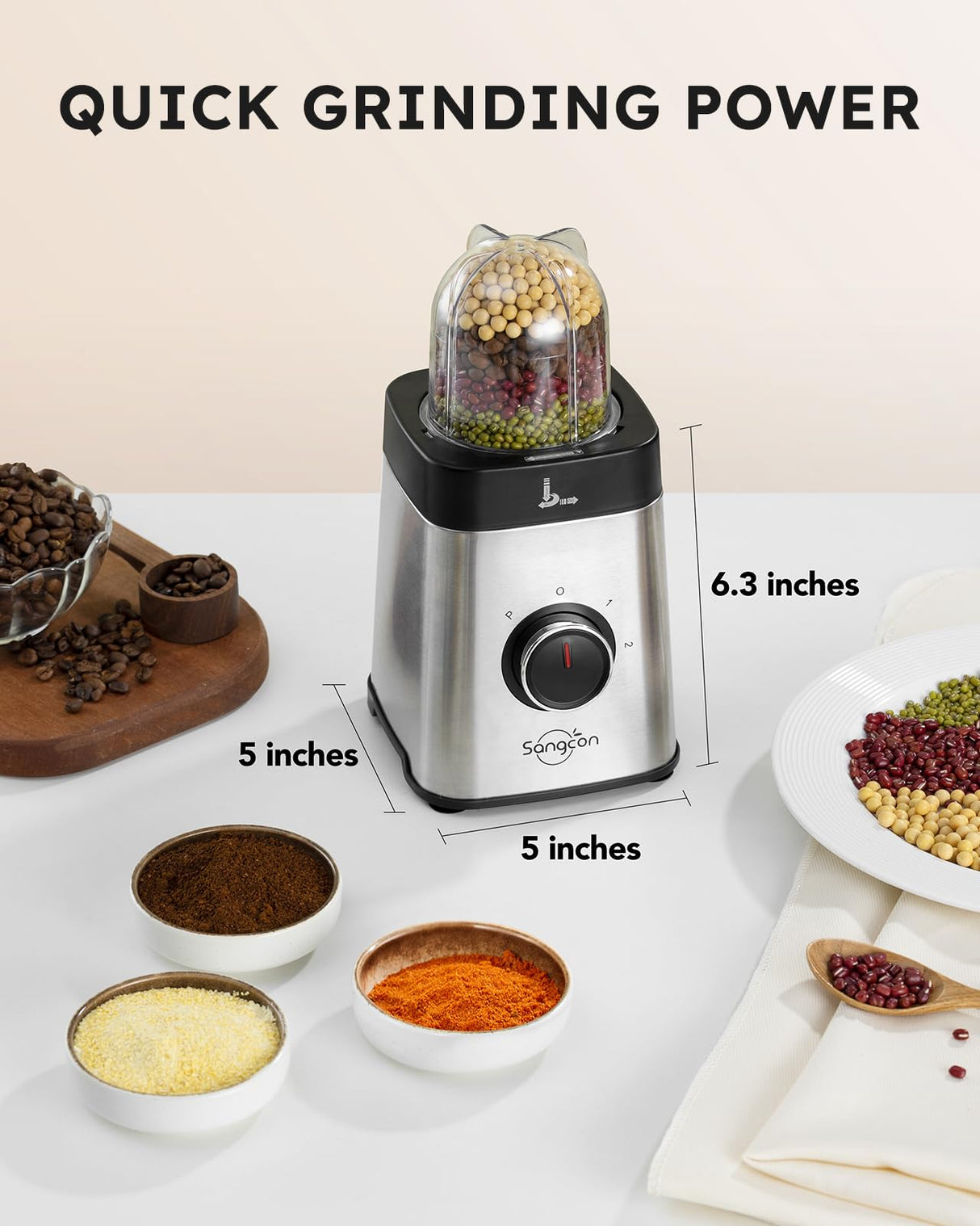 Sangcon Blenders and Food Processor Combo for Kitchen, 5 in 1 Blender for Shakes and Smoothies, Meat Chopped, Grinding & more, 40 oz Jar & 17oz Cup with To-Go Lid, Stainless Steel Silver sangcon