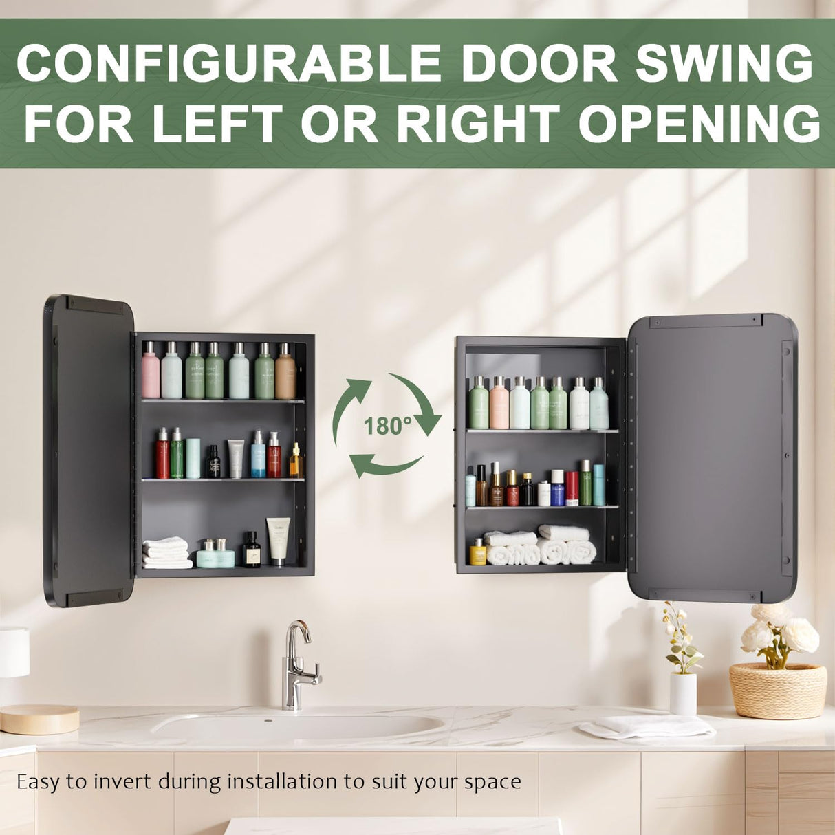 Venlus 16x24 Recessed Medicine Cabinet with Mirror - Black Mirrored Medicine Cabinets for Bathroom Vanity, Bathroom Mirror with Storage & Heavy Metal Frame, Adjustable Shelves, Surface Wall Mount Venlus