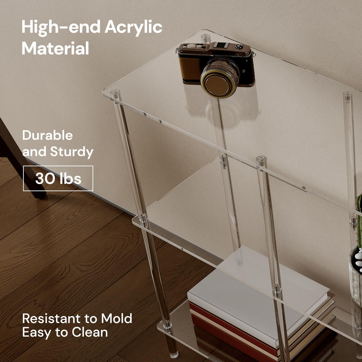 CRTERICX Acrylic Horizontal Bookshelf, 11.8" D x 47.2" W x 31" H, 3-Tier Clear Low Book Shelf with Large Storage, Multipurpose Bookcase for Living Room, Bathroom, Office, Easy Assembly CRTERICX