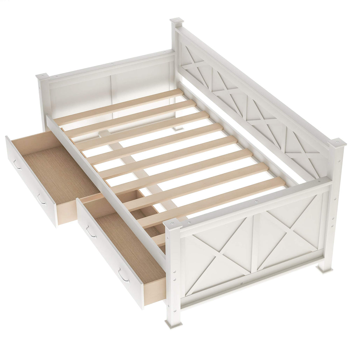 Twin Size Farmhouse Wood Daybed with 2 Storage Drawers, X-Shaped Sturdy Modern and Rustic Casual Style Corner Bed Day Bed Frame with Drawers for Bedroom, No Box Spring Required (Cream White+Twin) THINK 30