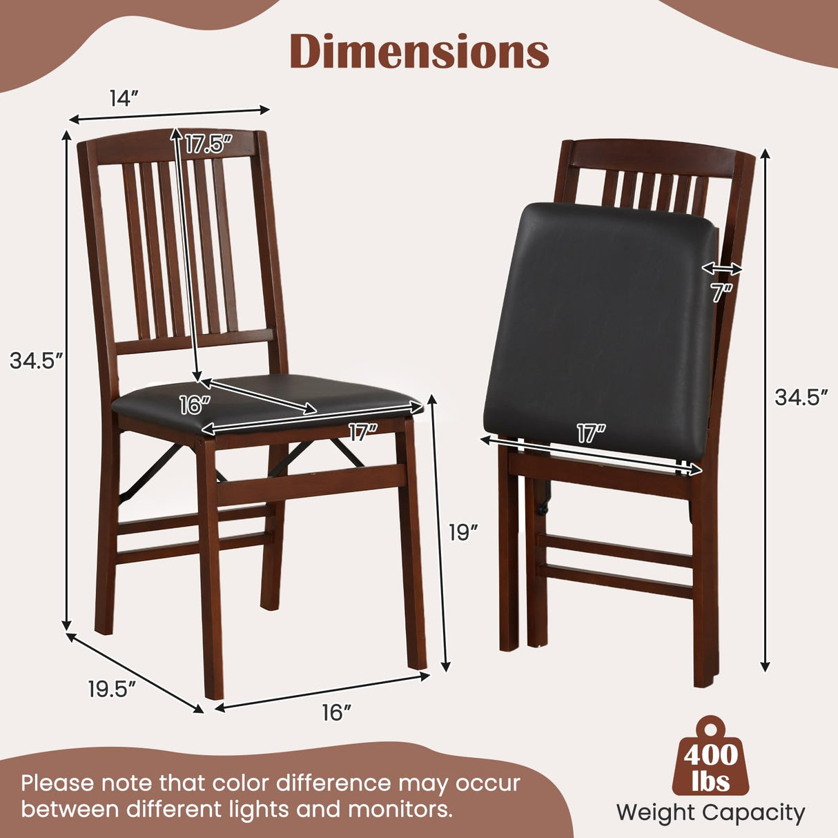 Giantex Folding Dining Chairs Set of 2, Solid Wood Frame, Foldable Wood Kitchen Chairs with Padded Seat, Max Load 400 Lbs, No Assembly, Armless Side Chairs for Apartment Dining Room, Brown & Black Giantex