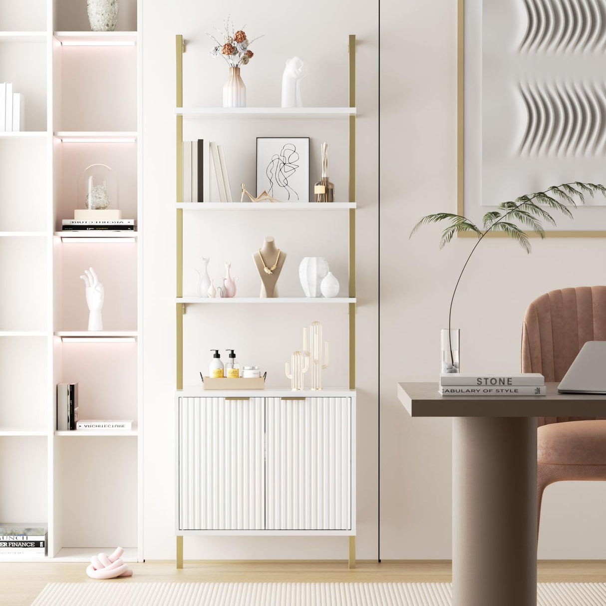 3 Tier White & Gold Ladder Shelf with Storage Cabinet, Modern Ladder Bookshelf with Doors, Wall Mount Bookcase with Metal Frame, Display Shelves for Living Room, Bedroom, Bathroom, Home Office Halitaa