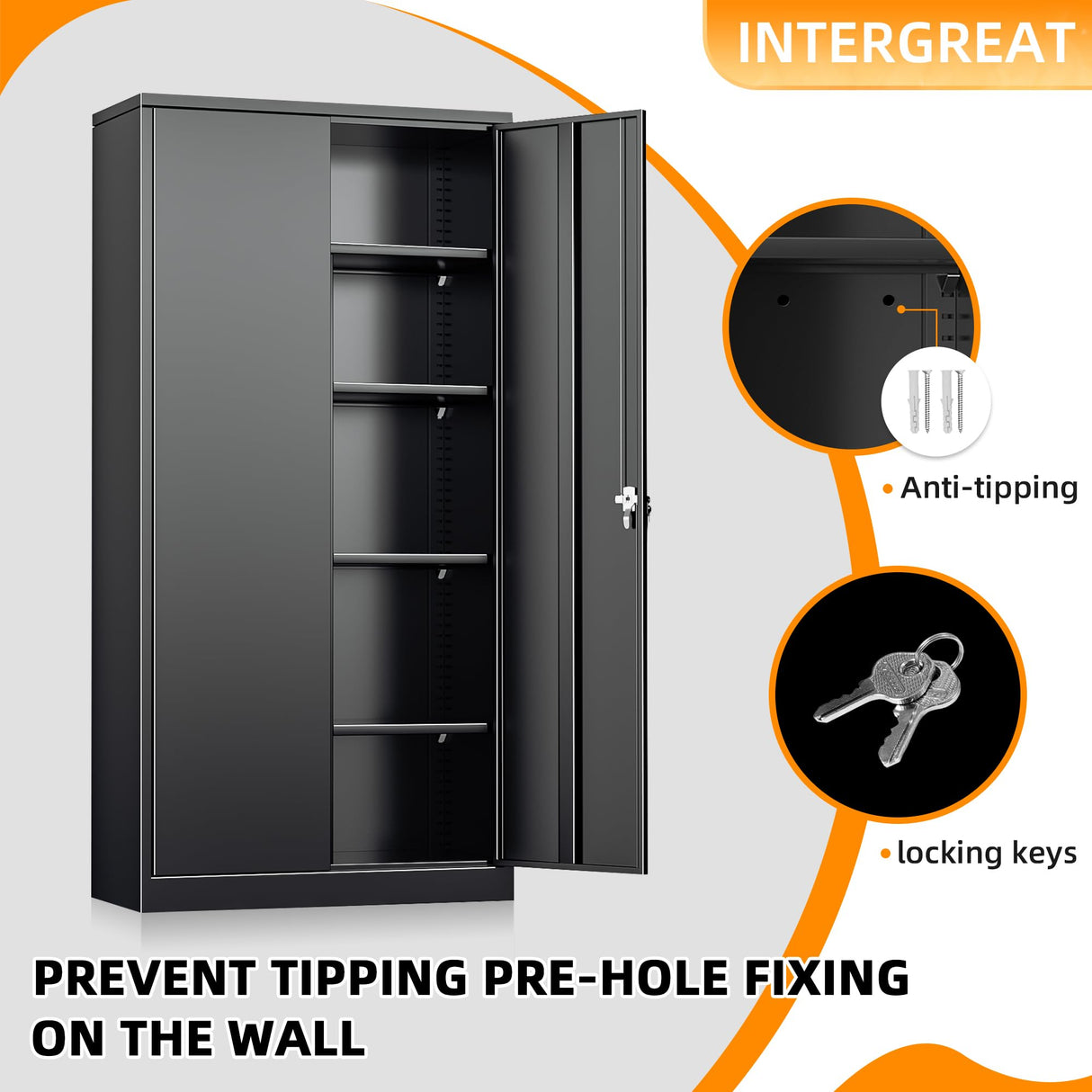 INTERGREAT Metal Wardrobe Closet, 72" Black Locking Storage Wardrobe Cabinet with Doors and Shelves, Tall Steel Clothes Storage for Office, Home, School, Gym INTERGREAT