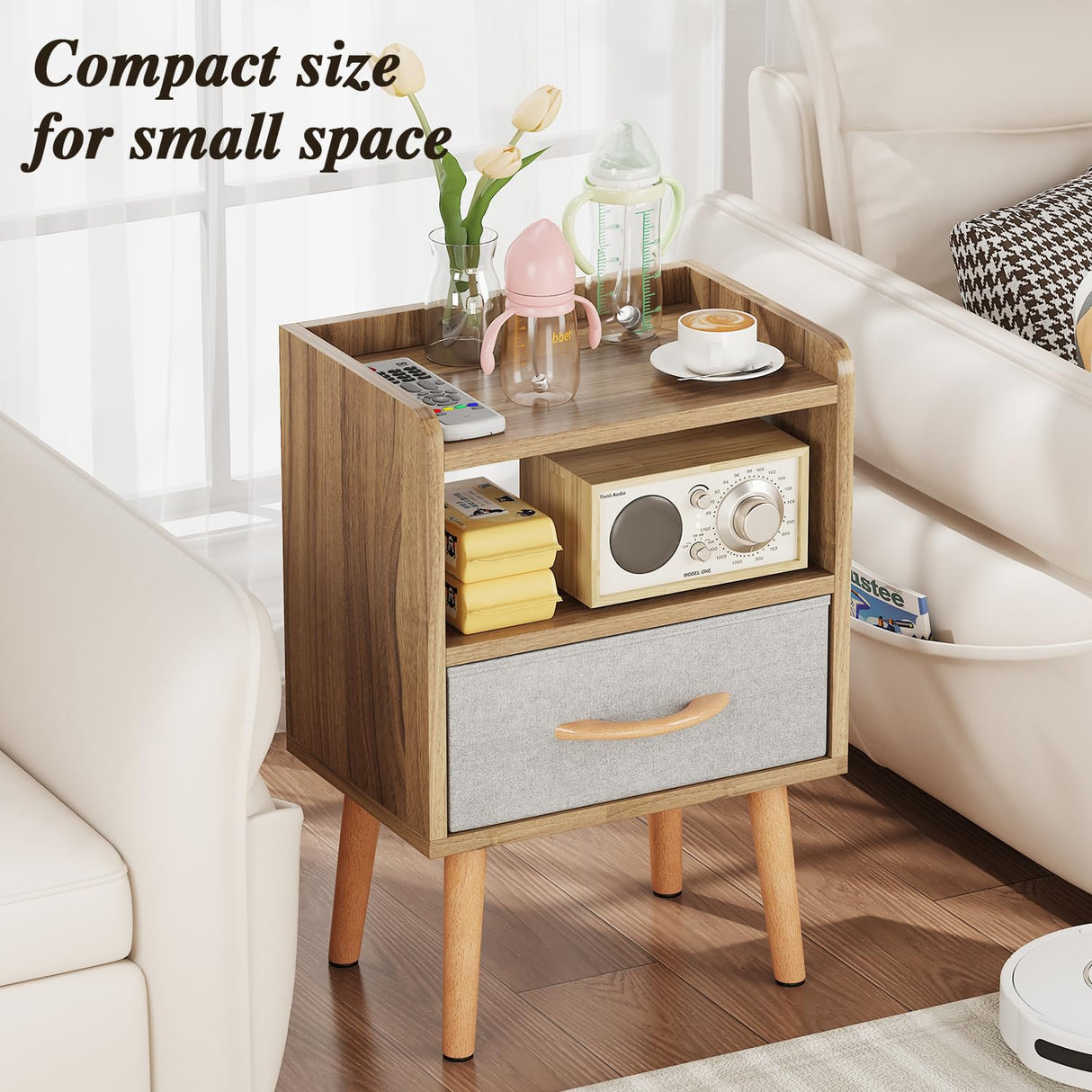 LUCKNOCK Night Stand with Drawer, Modern Nightstand, Bedside Tables, Mid Century Nightstands with Open Storage Shelf, Wood Bedside Table, Small Night Stands for Bedroom, 2-Tier Night Table, Walnut. LUCKNOCK