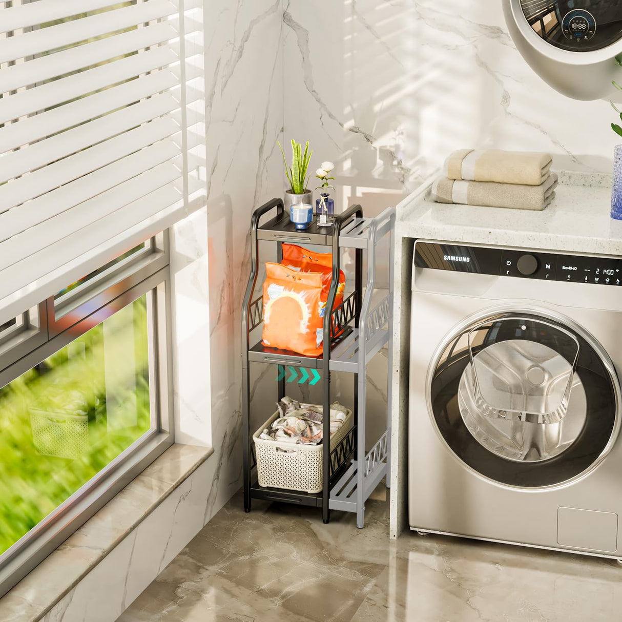 HapiRm Bathroom Shelf Unit Organizer - 3 Tier Expandable Narrow Shelf, Metal Free-Standing Shelves, Open Floor Rack Slim Storage Cabinet, Ideal for Bathroom, Laundry, Kitchen Organization (Black) HapiRm