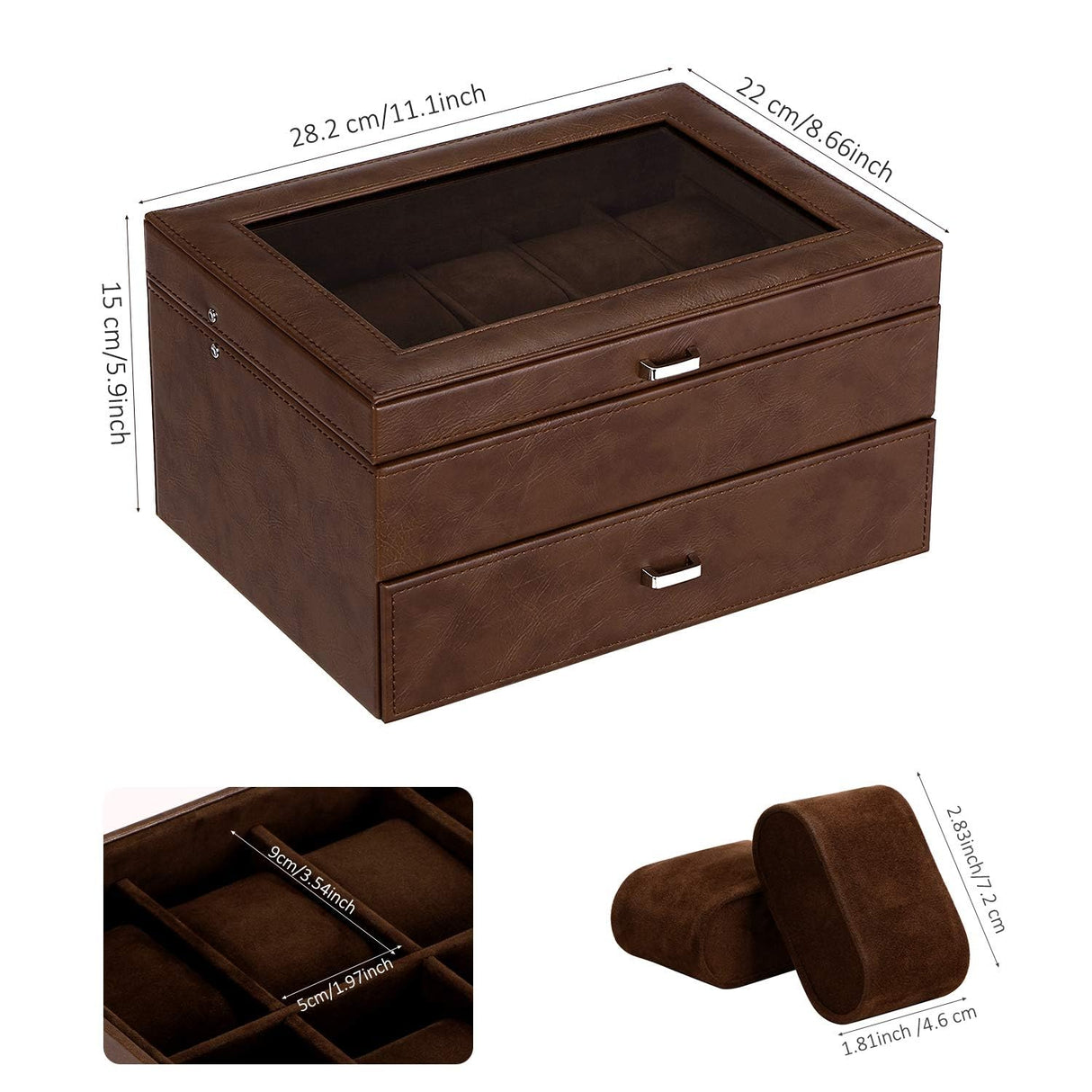 BEWISHOME 20 Slot Watch Box for Men Watch Case, Watch Display Case with Real Glass Lid, 2 Layers Watch Holder Organizer, Metal Hinge, Brown Leather SSH24Z BEWISHOME