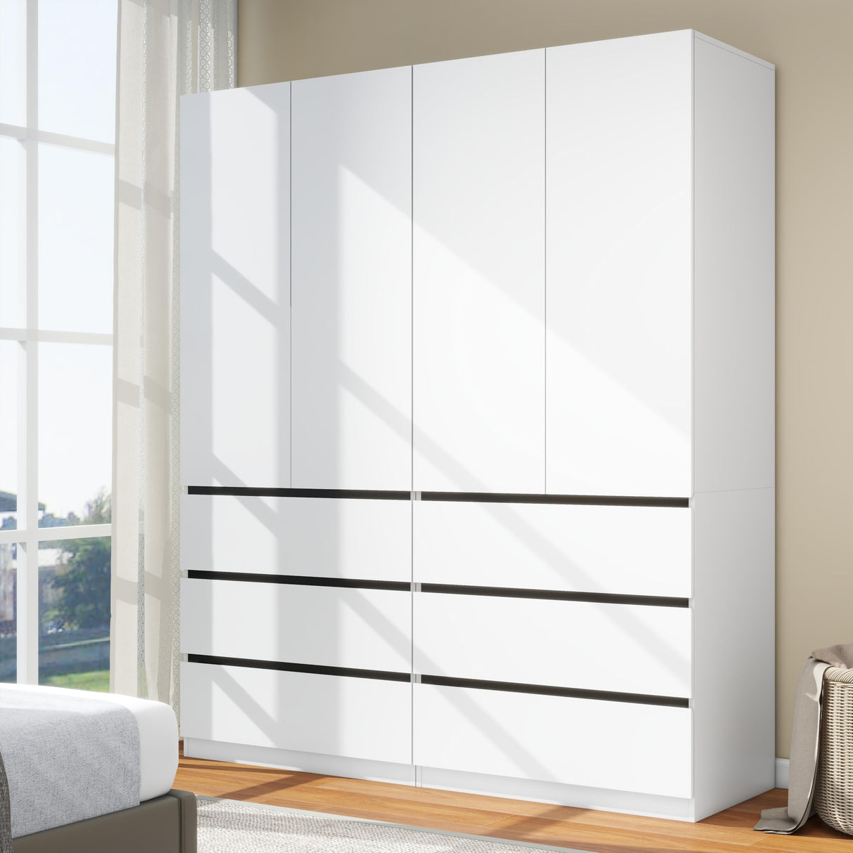 LABROSKIA Bedroom Armoire Wardrobe Closet with 6 Drawers: White Wardrobe Closet with 4 Doors, Modern Cabinet for Clothes with Shelves, Wooden Armoire for Hanging Clothes (Modern, 2) LABROSKIA