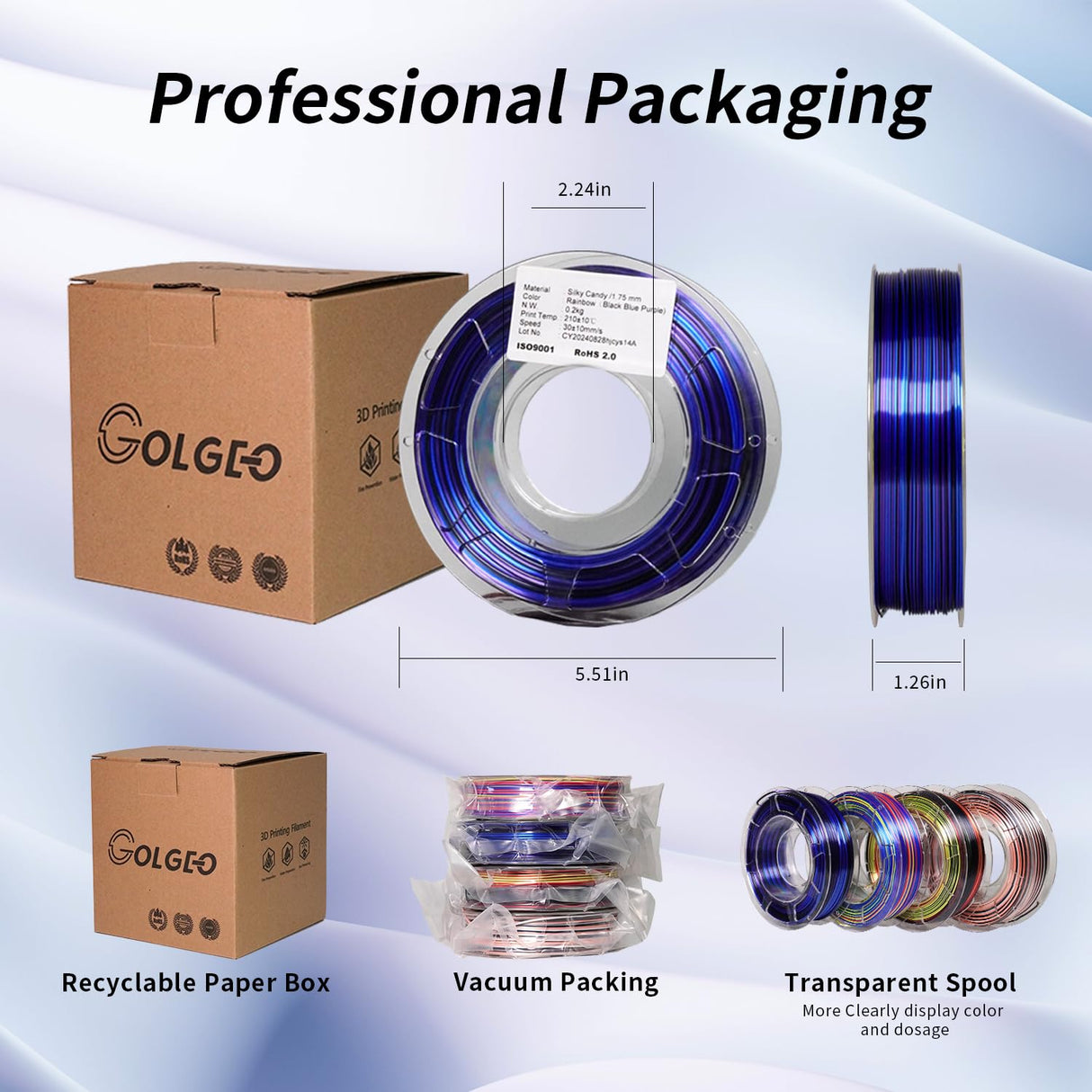 GolGeo 1.75mm Silk 3D Printing Filament Bundle, for Most of FDM Printer,Fast Color Change, (Rainbow S Series - Black&Red&Yellow/Black&Blue&Purple/Pink&White&Black/Red&Yellow&Blue, 4 x 200g) GolGeo