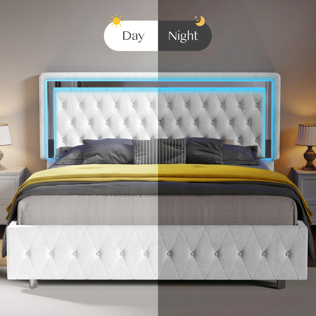 Jocisland Velvet Upholstered Queen Bed Frame with Adjustable LED Headboard & Footboard in White Jocisland