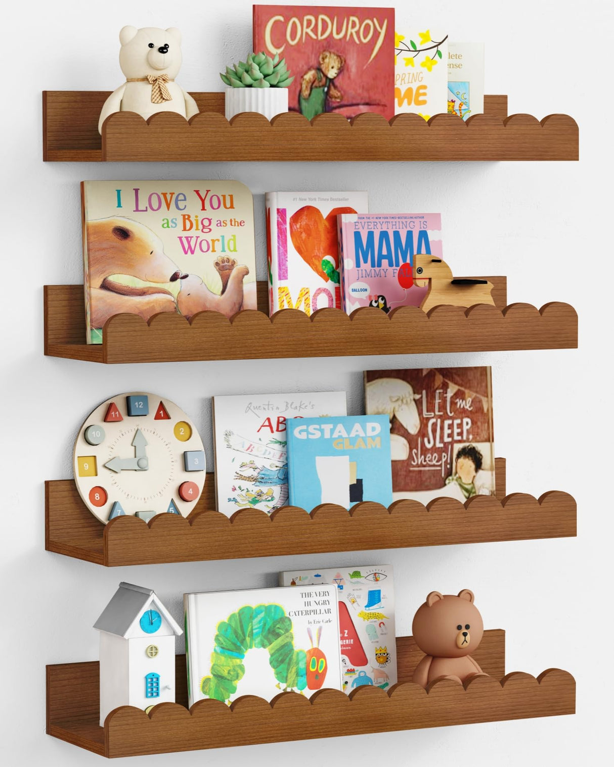 Harwaya Walnut Nursery Book Shelves Wall Set of 4, Dark Wood Scalloped Floating Bookshelf for Wall, Cloud Wooden Hanging Shelving Unit for Kids Bedroom Baby Child Toddler Room Kitchen (Walnut Brown) Harwaya